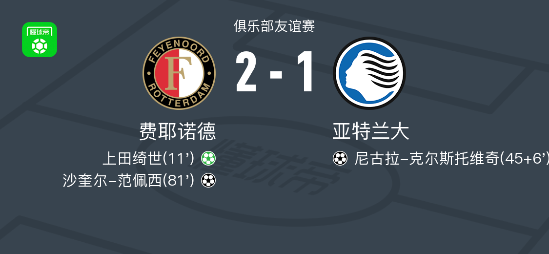 费耶诺德2-1亚特兰大,沙奎尔-范佩西建功,上田绮世点射