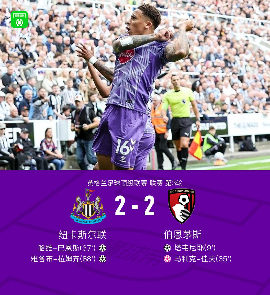 纽卡2-2伯恩茅斯，塔韦尼耶破门，巴恩斯世界波，佳夫乌龙